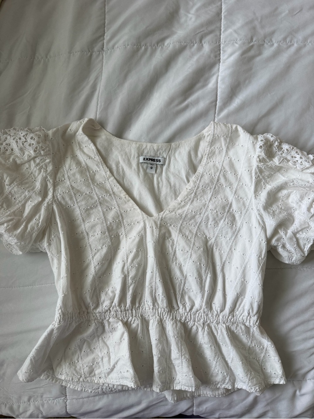 Express White Eyelet Peplum V-Neck Blouse with Puff Sleeves